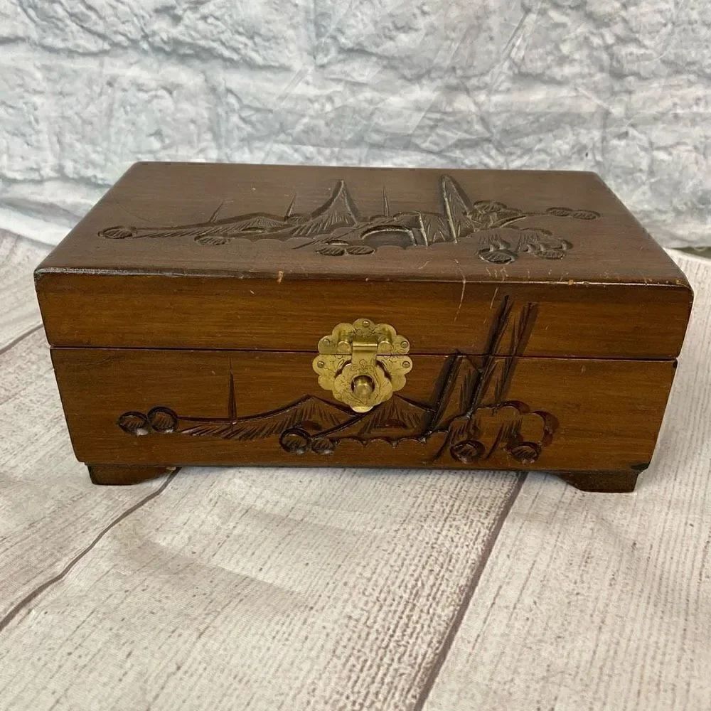 Vintage Wooden jewelry box with engraving and red velvet lining